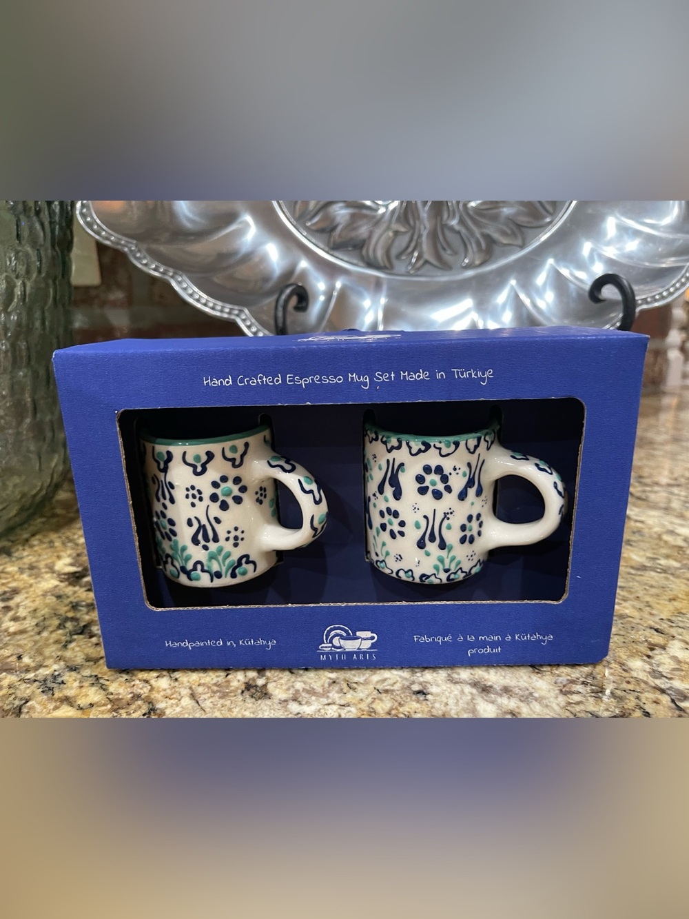 Myth Arts Hand Crafted in Turkey hand painted espresso mug set - blue & teal NEW